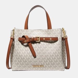 Michael Kors White/Brown Signature Canvas & Leather Crossbody Satchel Bag, Tote Handbags - Luxury Closet catalog
