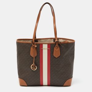 Michael Kors Brown Signature Coated Canvas and Leather Large Logo Stripe Eva Tote, Tote Handbags - Luxury Closet catalog