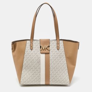 Michael Kors Vanilla/Tan Siganture Coated Canvas and Leather Karlie Tote, Tote Handbags - Luxury Closet catalog