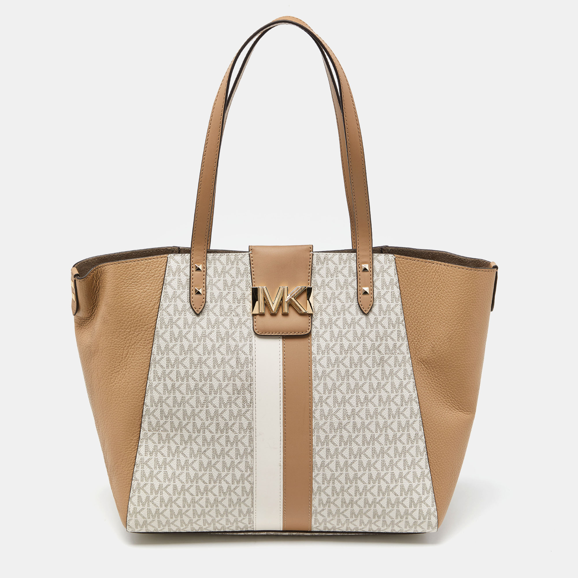 Michael Kors Vanilla/Tan Siganture Coated Canvas and Leather Karlie Tote, Tote Handbags - Luxury Closet catalog