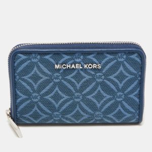 Michael Kors Blue Monogram Jacquard Canvas and Leather Zip Around Card Case, Wallets & Money Clips - Luxury Closet catalog