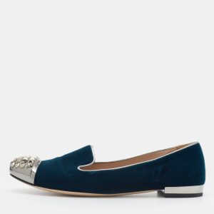 Miu Miu Blue Velvet Embellished Cap Toe Smoking Slippers Size 37, Loafers & Slip-Ons - Luxury Closet catalog