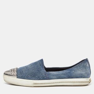 Miu Miu Blue Denim Crystals Embellished Slip On Loafers Size 38.5, Loafers & Slip-Ons - Luxury Closet catalog