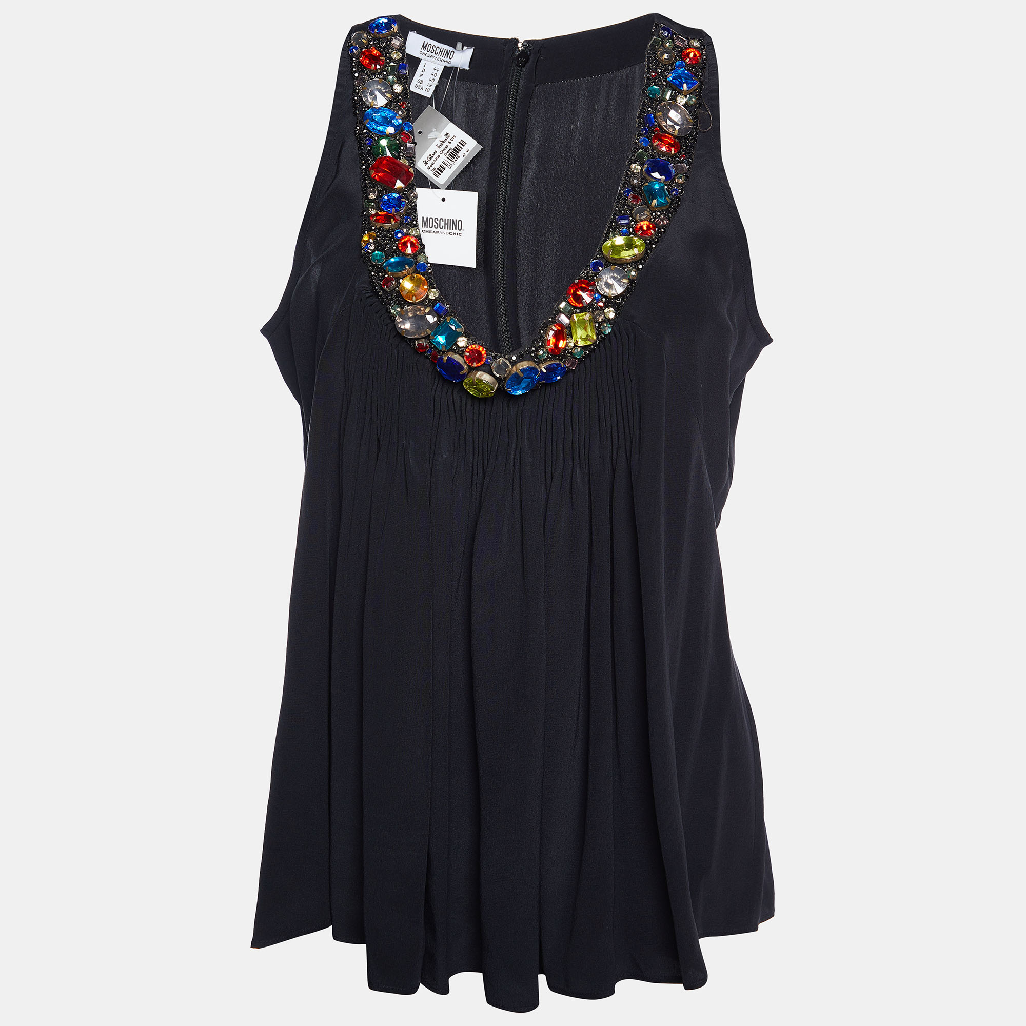 Moschino Cheap and Chic Black Silk Embellished Neck Sleeveless Top M, Shirts & Tops - Luxury Closet catalog