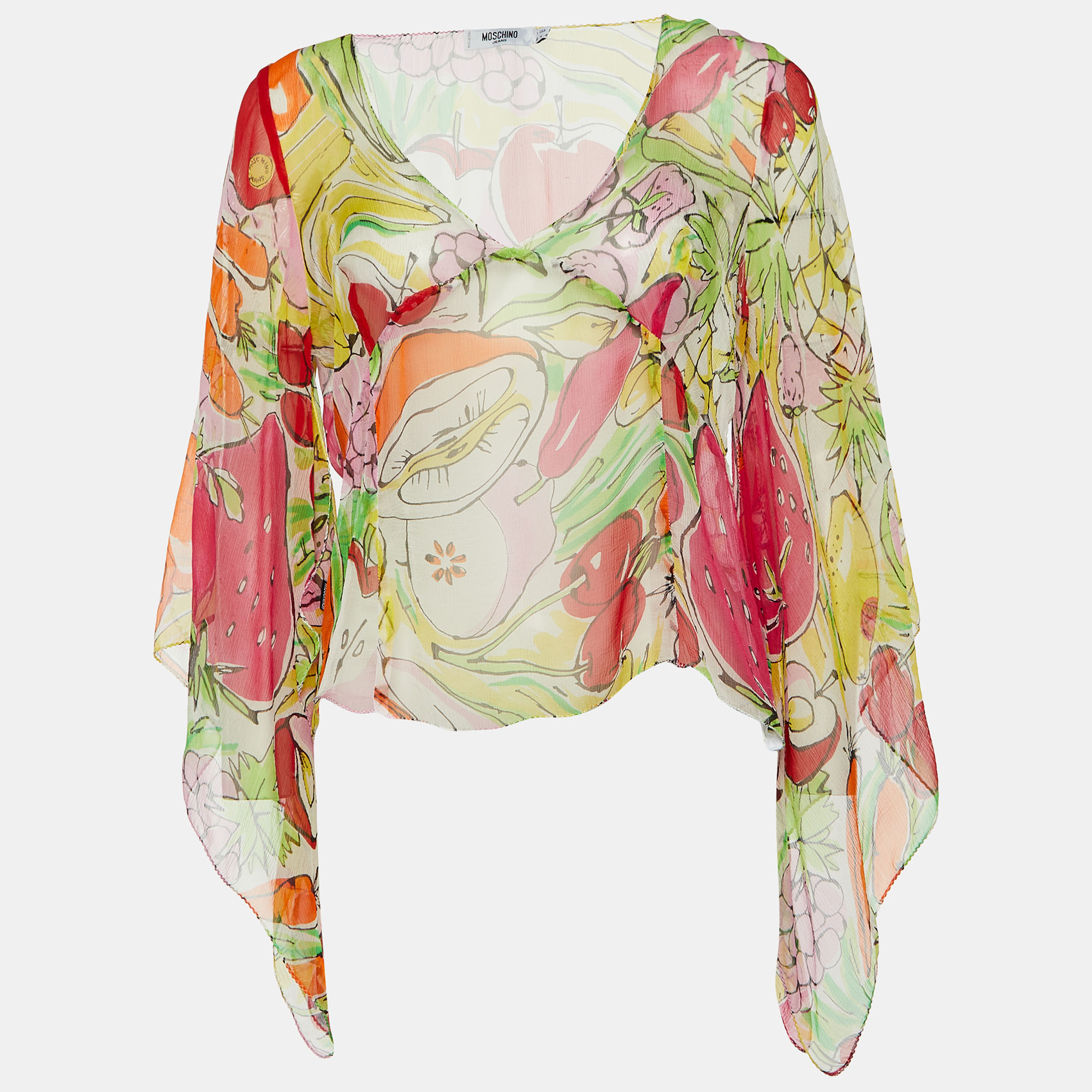 Moschino Jeans Multicolor Fruits Print Silk V-Neck Blouse L, Shirts & Tops - Luxury Closet catalog