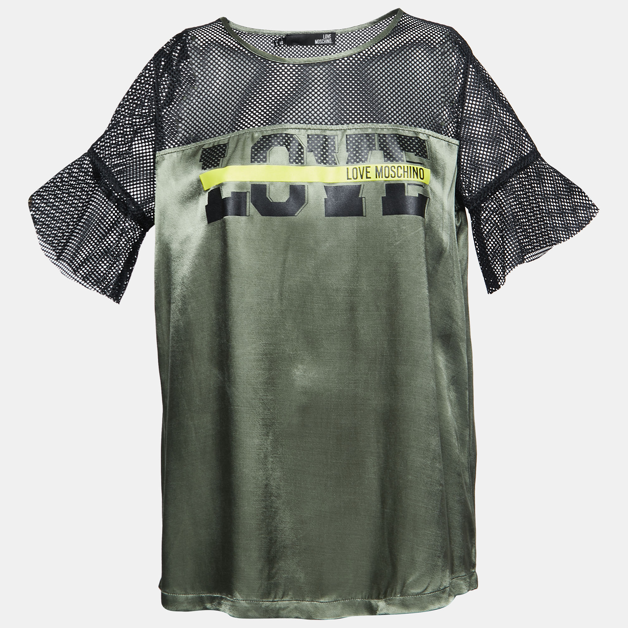 Love Moschino Green/Black Satin Blusa Mesh Sleeve T-shirt S, Shirts & Tops - Luxury Closet catalog
