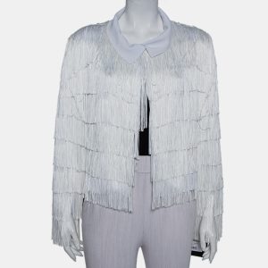 Norma Kamali White Knit Fringed Open Front Collared Jacket M, Coats & Jackets - Luxury Closet