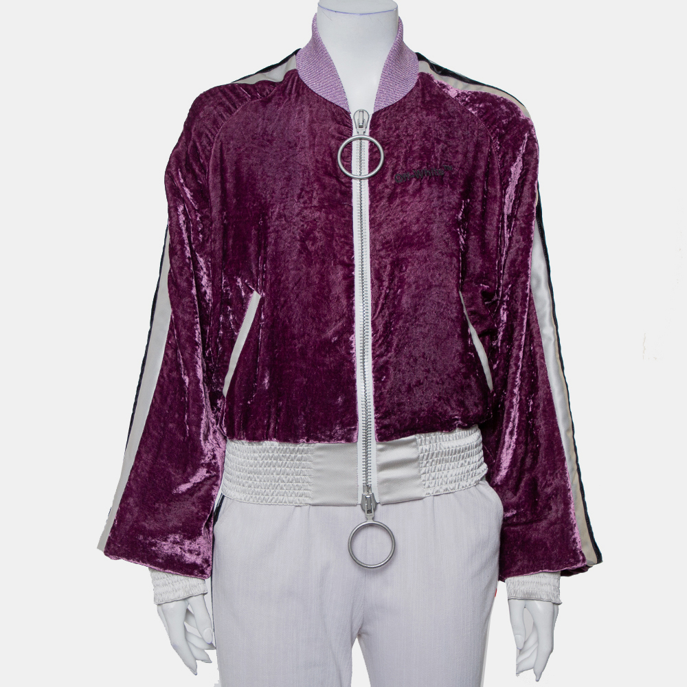 Off-White Purple Crushed Velvet Zipper Front Bomber Jacket M, Coats & Jackets - Luxury Closet catalog