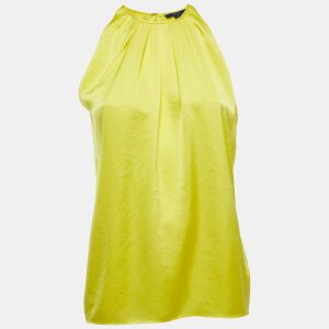 Polo Ralph Lauren Yellow Satin Pleated Back Slit Detailed Sleeveless Top S, Shirts & Tops - Luxury Closet