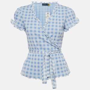 Polo Ralph Lauren Blue Checked Knit Wrap Top M, Shirts & Tops - Luxury Closet catalog
