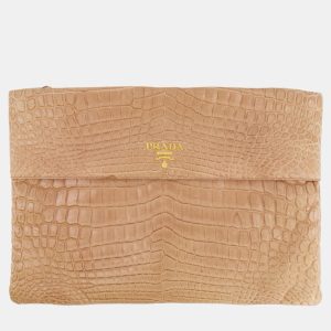 Prada Beige Crocodile Large Pouch Bag with Gold Hardware, Wallets & Money Clips - Luxury Closet catalog