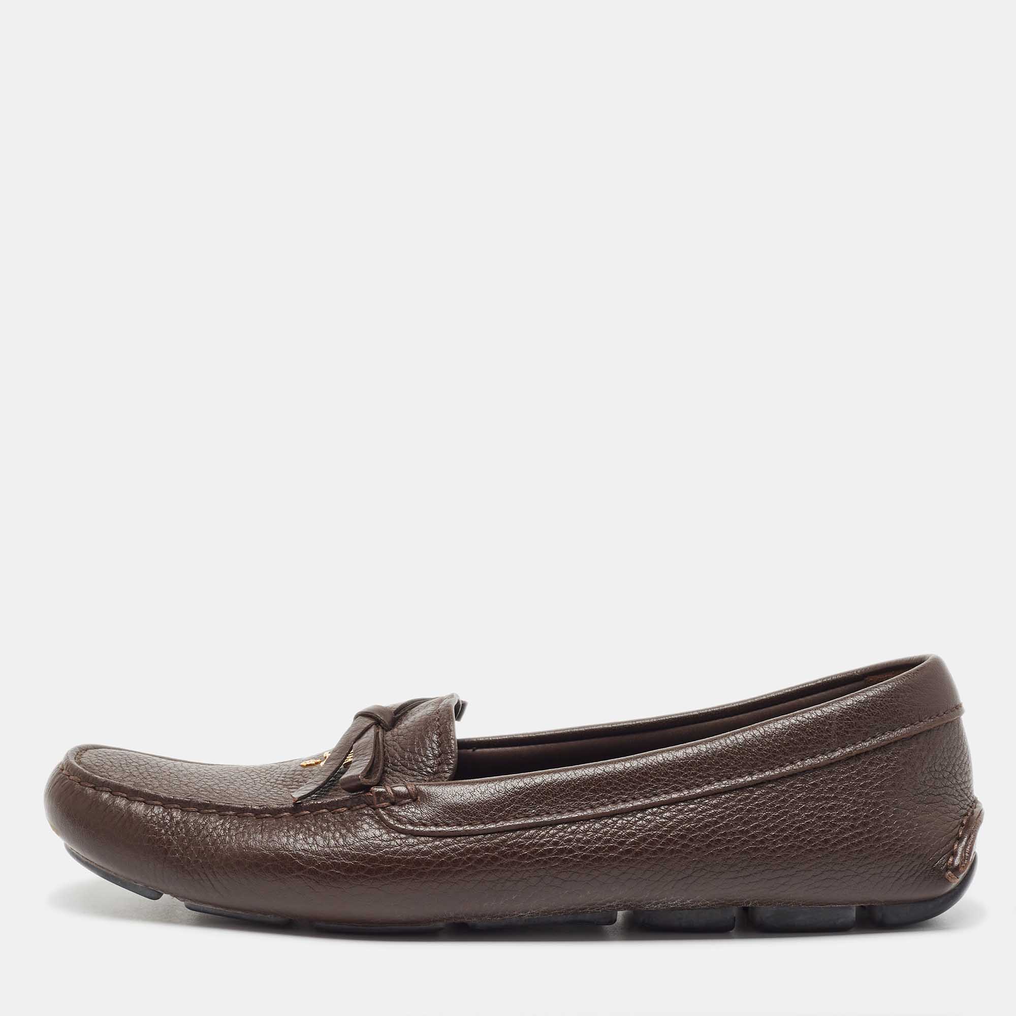 Prada Brown Leather Logo Detail Bow Loafers Size 38.5, Loafers & Slip-Ons - Luxury Closet catalog