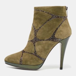Ren&eacute; Caovilla Green Suede Crystal Embellished Ankle Boots Size 39, Boots - Luxury Closet catalog