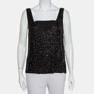 Retrofete Black Sequin & Bead Embellished Synthetic Tank Top L, Shirts & Tops - Luxury Closet