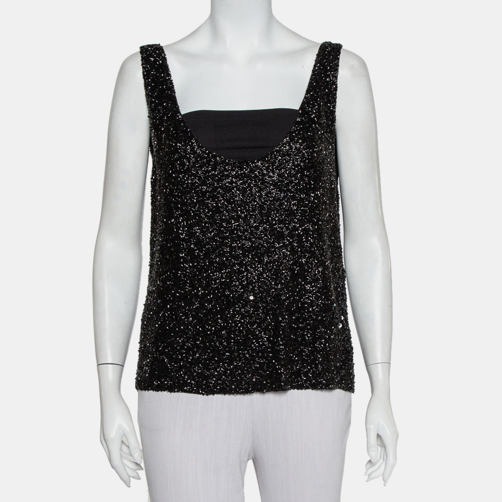 Retrofete Black Sequin & Bead Embellished Synthetic Tank Top L, Shirts & Tops - Luxury Closet