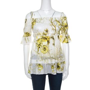 Roberto Cavalli White and Yellow Floral Printed Cotton Off Shoulder Blouse M, Shirts & Tops - Luxury Closet catalog