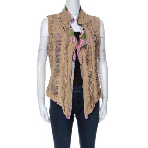 Roberto Cavalli Multicolor Printed Silk and Beige Suede Overlay Sleeveless Vest M, Coats & Jackets - Luxury Closet