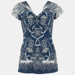 Roberto Cavalli Navy Blue Printed Synthetic Top L, Shirts & Tops - Luxury Closet