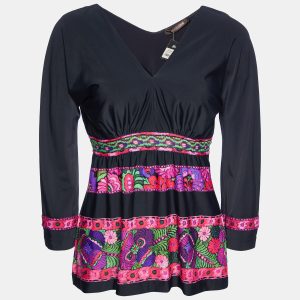 Roberto Cavalli Black Floral Printed Jersey V-Neck Top L, Shirts & Tops - Luxury Closet catalog