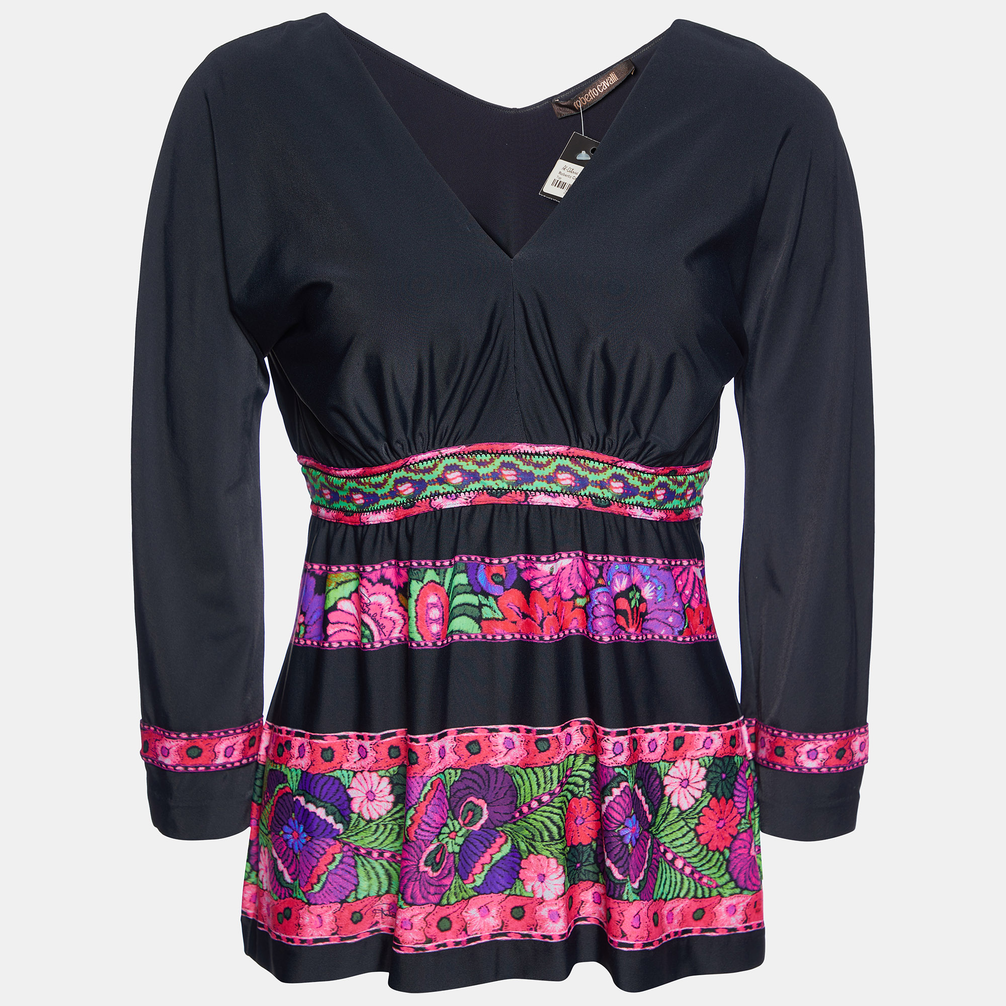 Roberto Cavalli Black Floral Printed Jersey V-Neck Top L, Shirts & Tops - Luxury Closet catalog