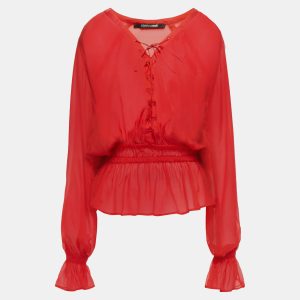 Roberto Cavalli Red Silk Lace Up Sheer Blouse L (IT 44), Shirts & Tops - Luxury Closet catalog