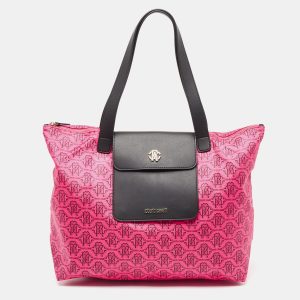 Roberto Cavalli Pink/Brown Monogram Nylon and Leather Front Pouch Tote, Tote Handbags - Luxury Closet catalog