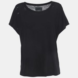 RTA Black Cotton Distressed Crop T-Shirt L, Shirts & Tops - Luxury Closet
