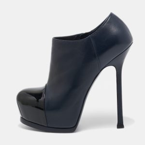 Yves Saint Laurent Navy Blue/Black Leather and Patent Leather Tribute Platform Ankle Boots Size 36, Boots - Luxury Closet catalog