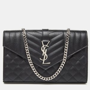 Saint Laurent Black Mix Matelass&eacute; Leather Monogram Envelope Wallet on Chain, Wallets & Money Clips - Luxury Closet catalog