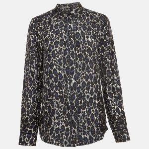 Salvatore Ferragamo Blue Leopard Print Lace Insert Silk Long Sleeve Shirt S, Shirts & Tops - Luxury Closet catalog