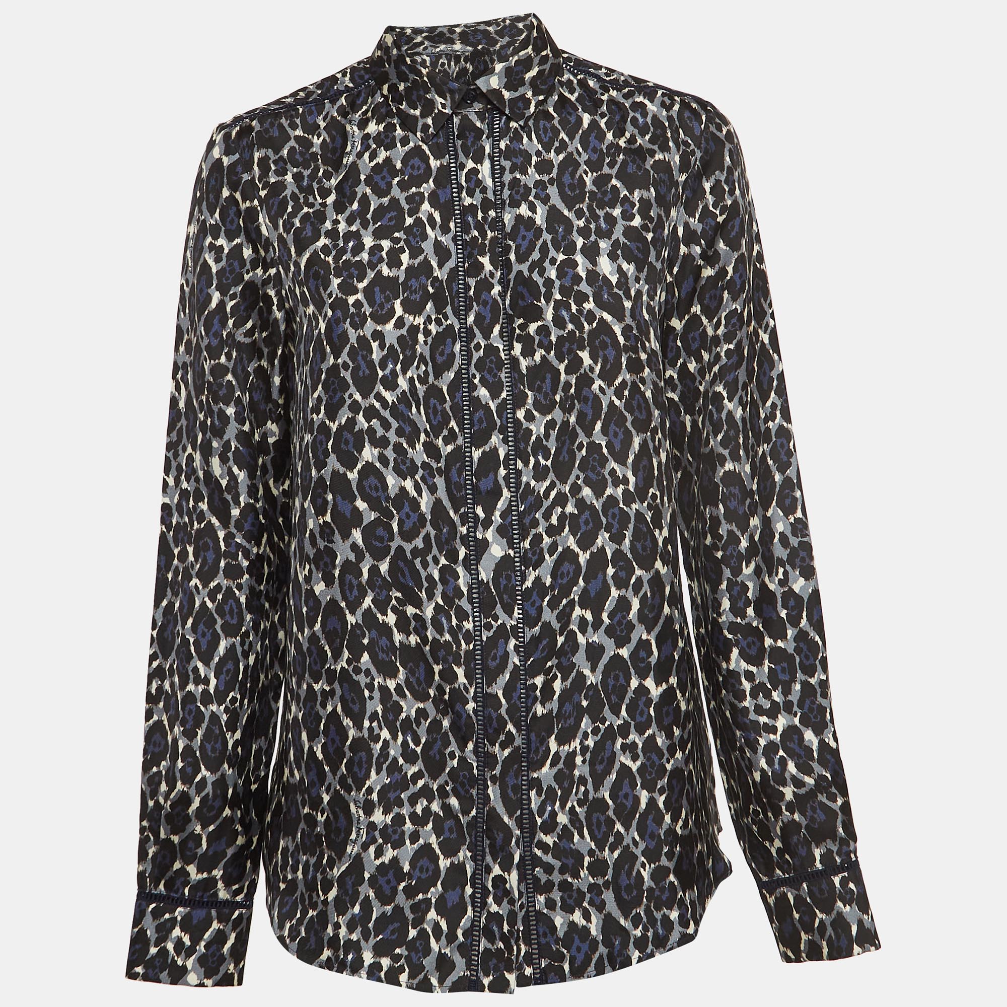 Salvatore Ferragamo Blue Leopard Print Lace Insert Silk Long Sleeve Shirt S, Shirts & Tops - Luxury Closet catalog