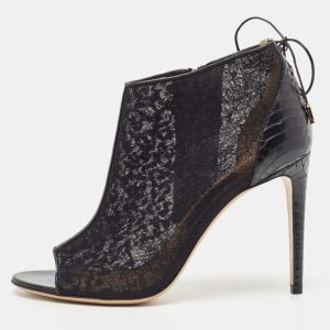 Salvatore Ferragamo Black Lace and Python Peep Toe Ankle Boots Size 39.5, Boots - Luxury Closet catalog