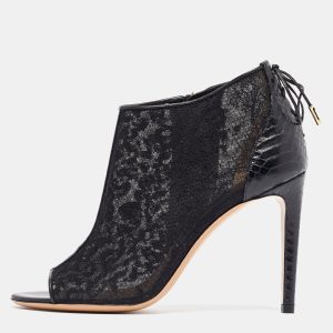 Salvatore Ferragamo Black Python Leather and Lace Nufus Open Toe Ankle Booties Size 36.5, Boots - Luxury Closet