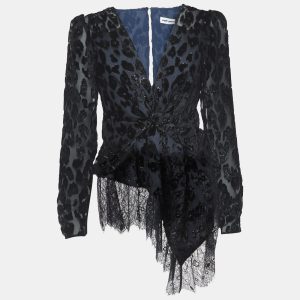 Self-Portrait Navy Blue/Black Textured Crepe Asymmetrical Peplum Top M, Shirts & Tops - Luxury Closet catalog