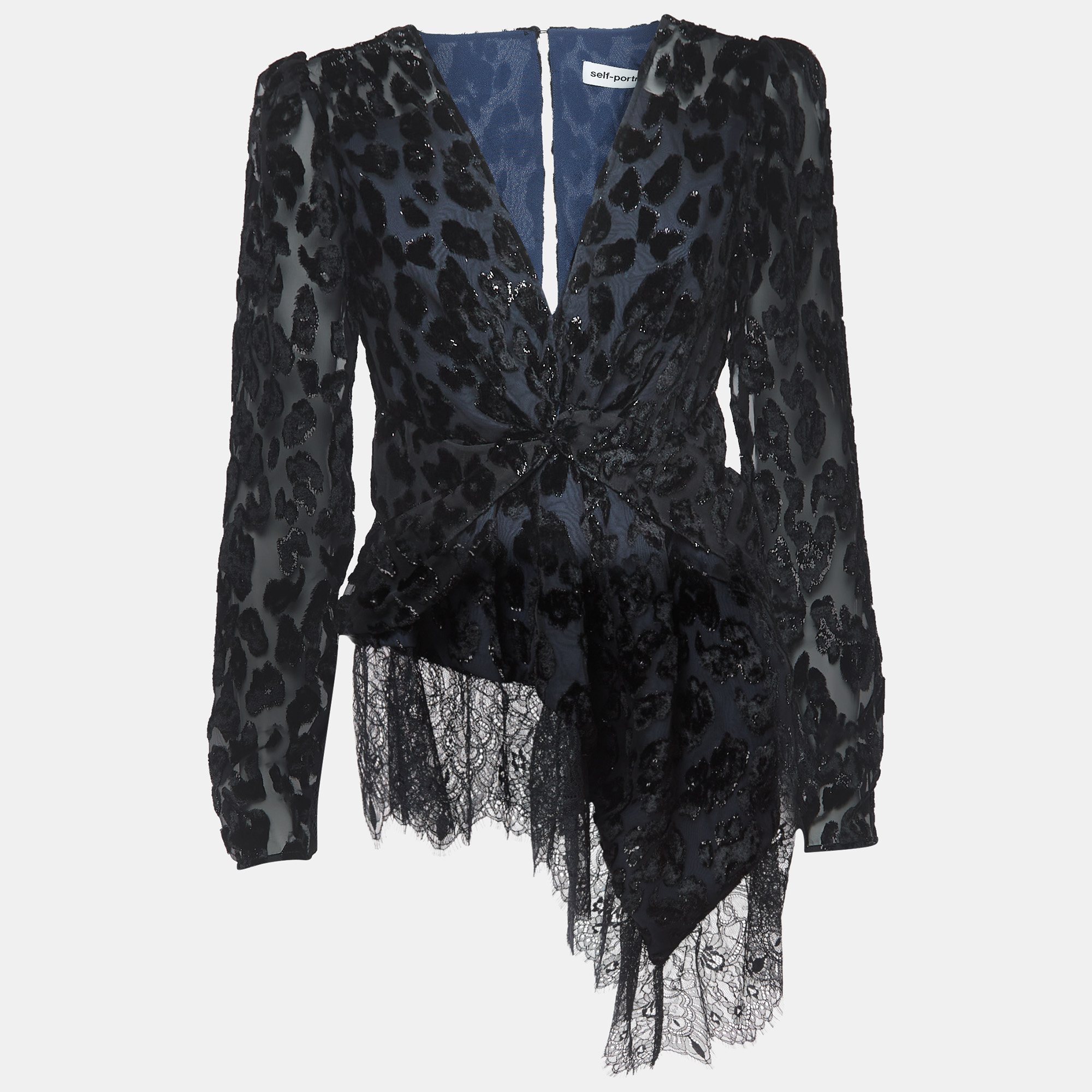 Self-Portrait Navy Blue/Black Textured Crepe Asymmetrical Peplum Top M, Shirts & Tops - Luxury Closet catalog