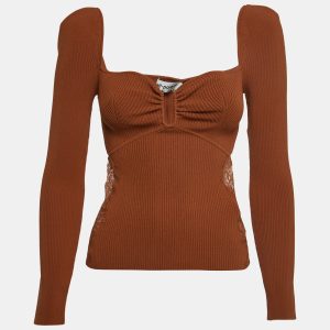 Self-Portrait Brown Rib Knit Lace Detail Long Sleeve Top M, Shirts & Tops - Luxury Closet catalog