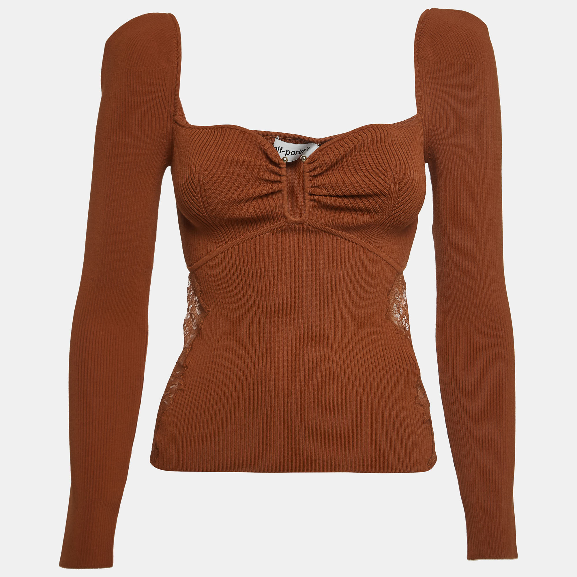Self-Portrait Brown Rib Knit Lace Detail Long Sleeve Top M, Shirts & Tops - Luxury Closet catalog