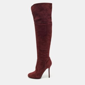 Sergio Rossi Burgundy Suede Zip Detail Knee Length Platform Boots Size 40.5, Boots - Luxury Closet catalog