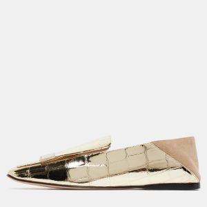 Sergio Rossi Gold/Beige Croc Embossed Patent Leather and Suede SR1 Collapsible Loafers Size 36.5, Loafers & Slip-Ons - Luxury Closet catalog