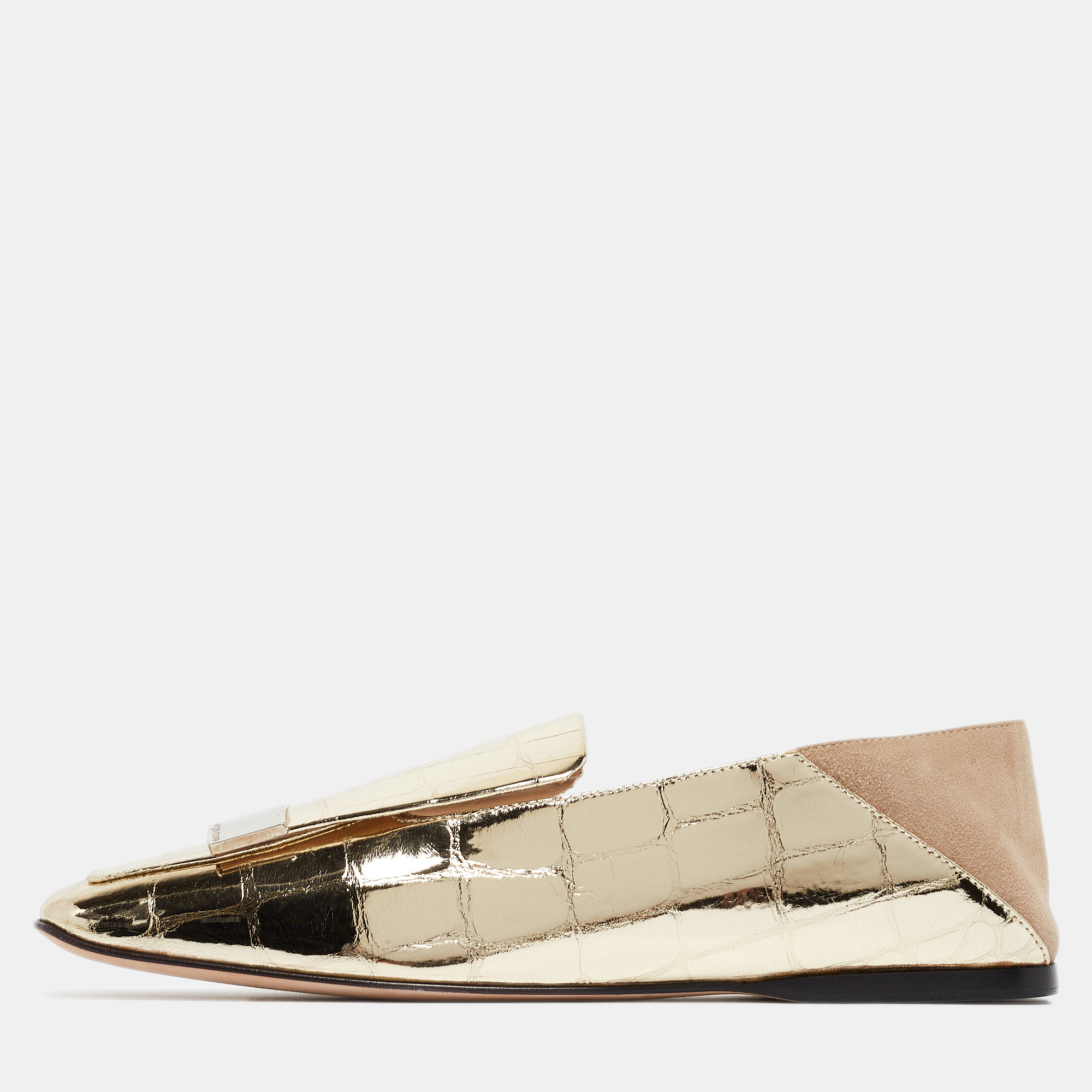 Sergio Rossi Gold/Beige Croc Embossed Patent Leather and Suede SR1 Collapsible Loafers Size 36.5, Loafers & Slip-Ons - Luxury Closet catalog