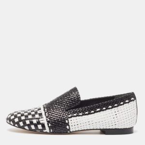 Stuart Weitzman Black/White Woven Leather Riviera Smoking Slippers Size 36, Loafers & Slip-Ons - Luxury Closet