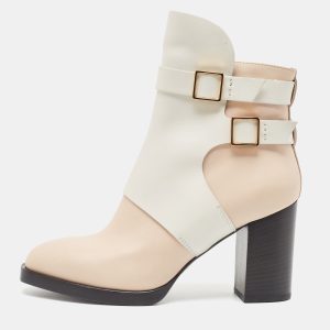 Tod's White/Beige Leather Buckle Detail Block Heel Ankle Boots Size 38.5, Boots - Luxury Closet catalog