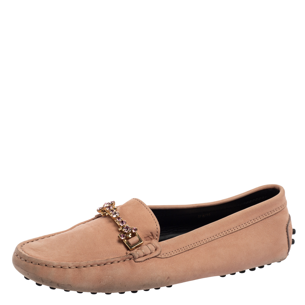 Tod's Pink Nubuck Leather Crystal Embellished Buckle Loafers Size 36.5, Loafers & Slip-Ons - Luxury Closet catalog