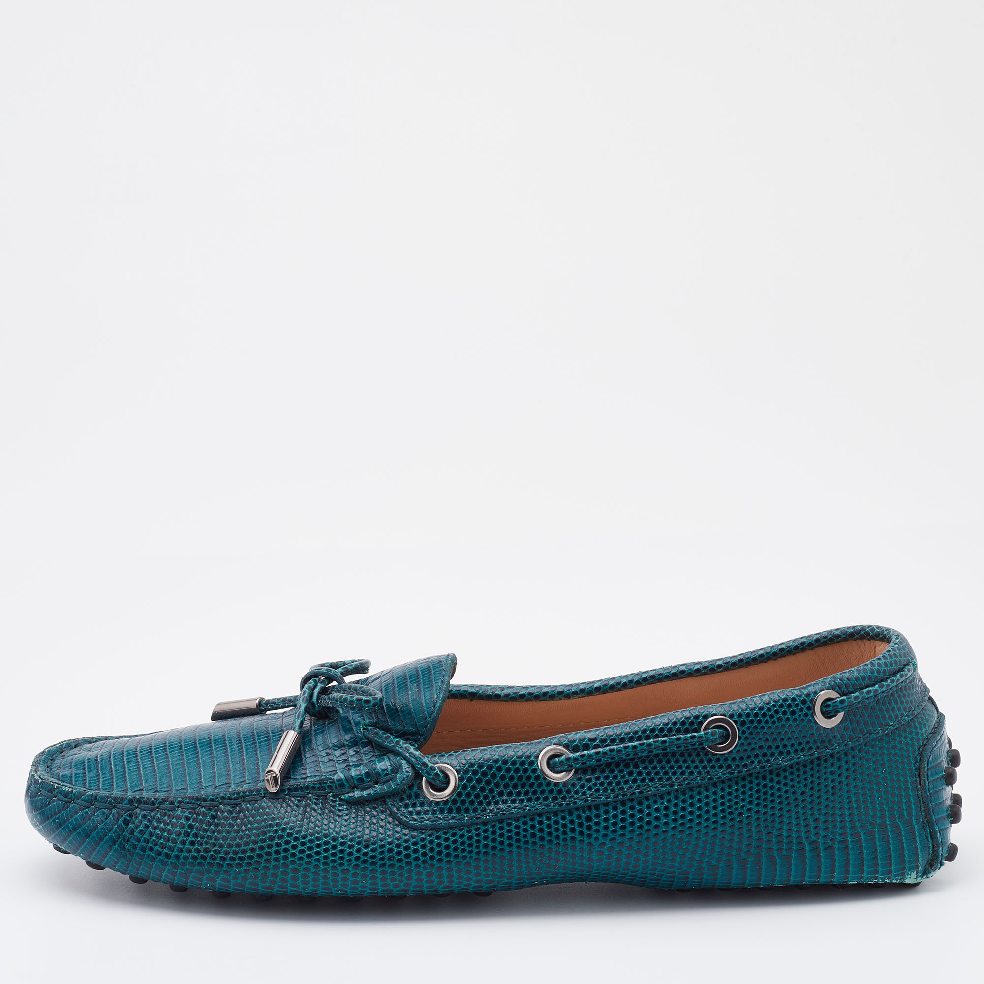 Tod's Teal Blue Lizard Embossed Leather Bow Slip On Loafers Size 37.5, Loafers & Slip-Ons - Luxury Closet catalog