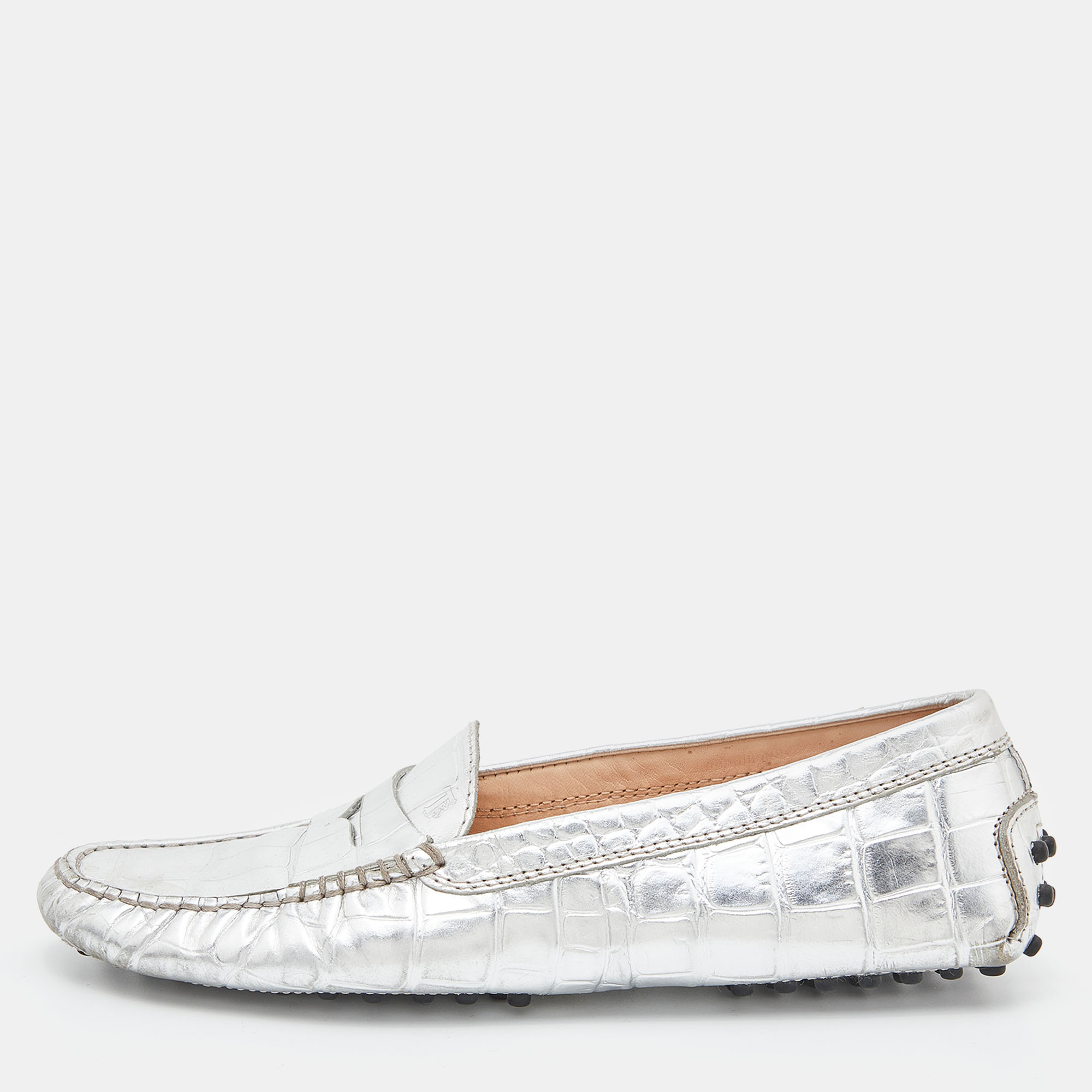 Tod's Silver Croc Embossed Leather Loafers Size 35.5, Loafers & Slip-Ons - Luxury Closet catalog