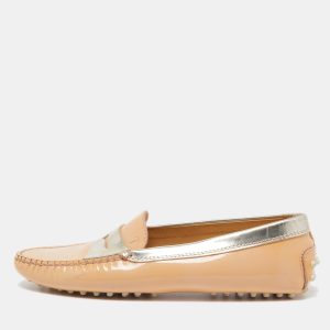 Tod's Beige/Gold Patent Leather Penny Slip On Loafers Size 38.5, Loafers & Slip-Ons - Luxury Closet catalog