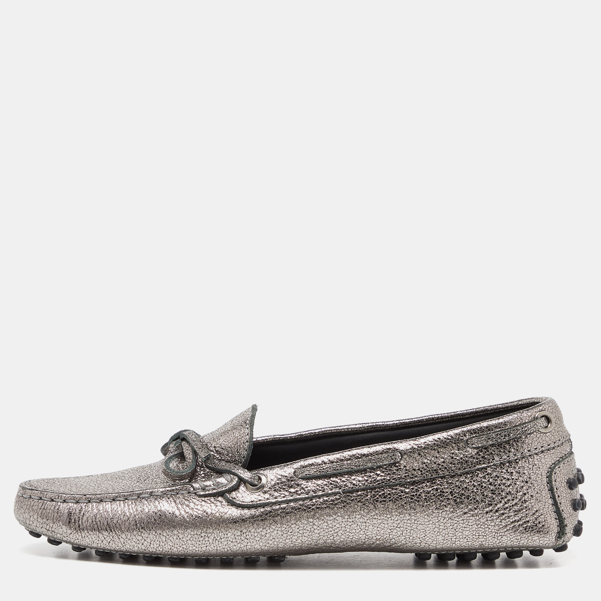 Tod's Metallic Silver Foil Leather Gommino Bow Slip On Loafers Size 36.5, Loafers & Slip-Ons - Luxury Closet catalog