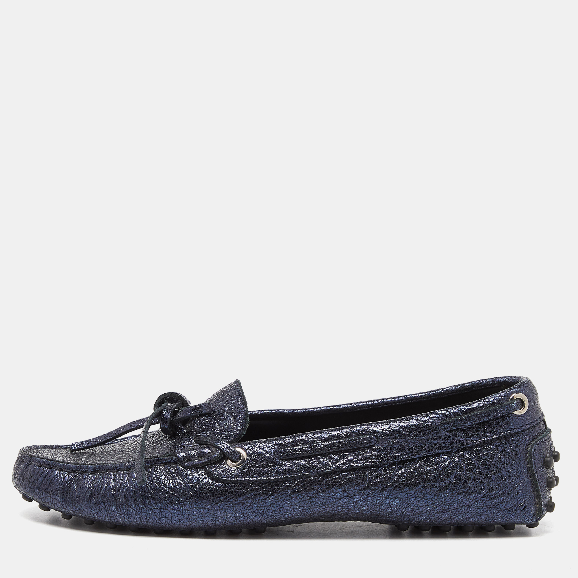 Tod's Metallic Blue Foil Leather Gommino Bow Slip On Loafers Size 36.5, Loafers & Slip-Ons - Luxury Closet catalog