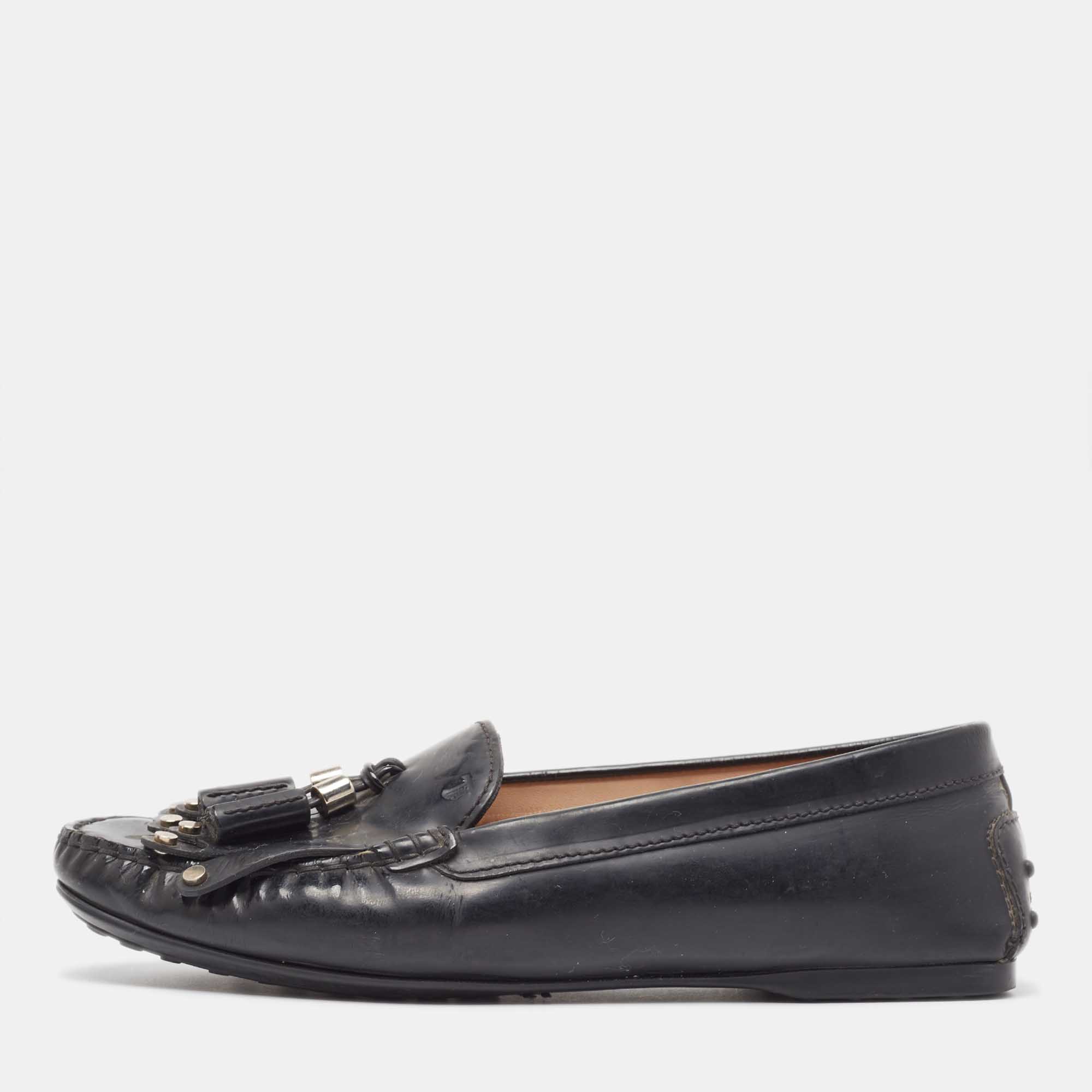 Tod's Black Patent Leather Tessal Fringe Detail Slip On Loafers Size 38.5, Loafers & Slip-Ons - Luxury Closet catalog