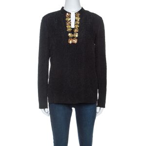 Tory Burch Black Embossed Silk Embellished Tunic Top M, Shirts & Tops - Luxury Closet